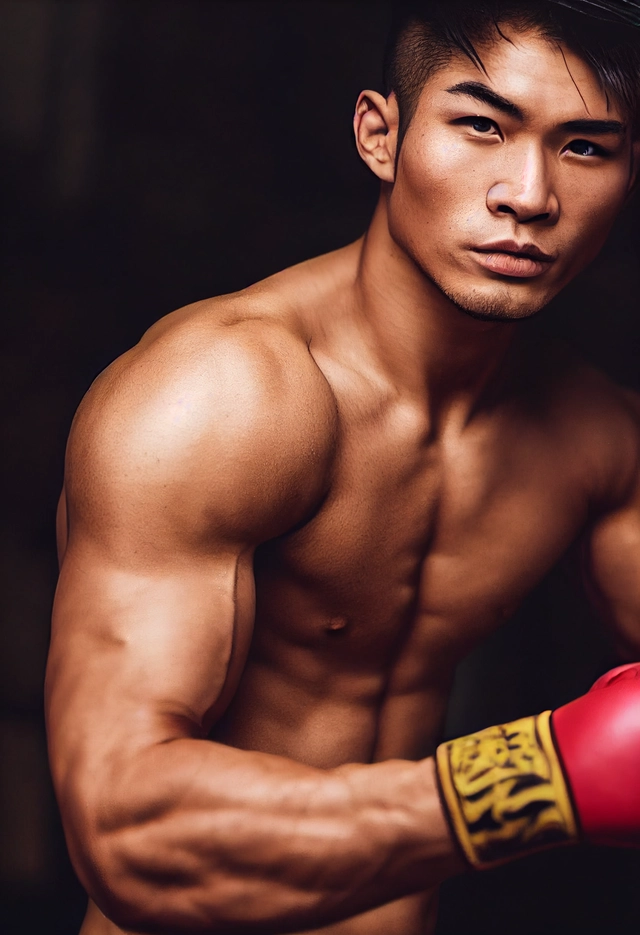 attractive muscular Asian young boxer, lean jawline, handsome man, focus on face, photography, indoor lighting