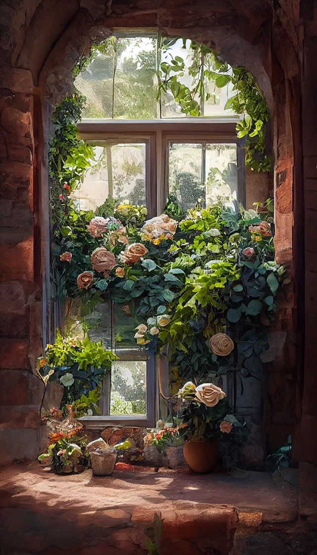 cottage window, outside garden courtyard with vines and ivy growing up the wall, beautiful roses, flowers +serene +lush greenery +beautiful +highly detailed, sunny day, muted tones, soft lighting, 8k post-processing, depth, detailed, layered