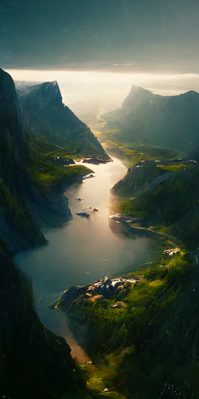 Nordic fjord, summer morning light, aerial view, cinematic Light, Soft illumination, cinematic composition, wide-angle, atmospheric,matte painting, Trending on artstation,