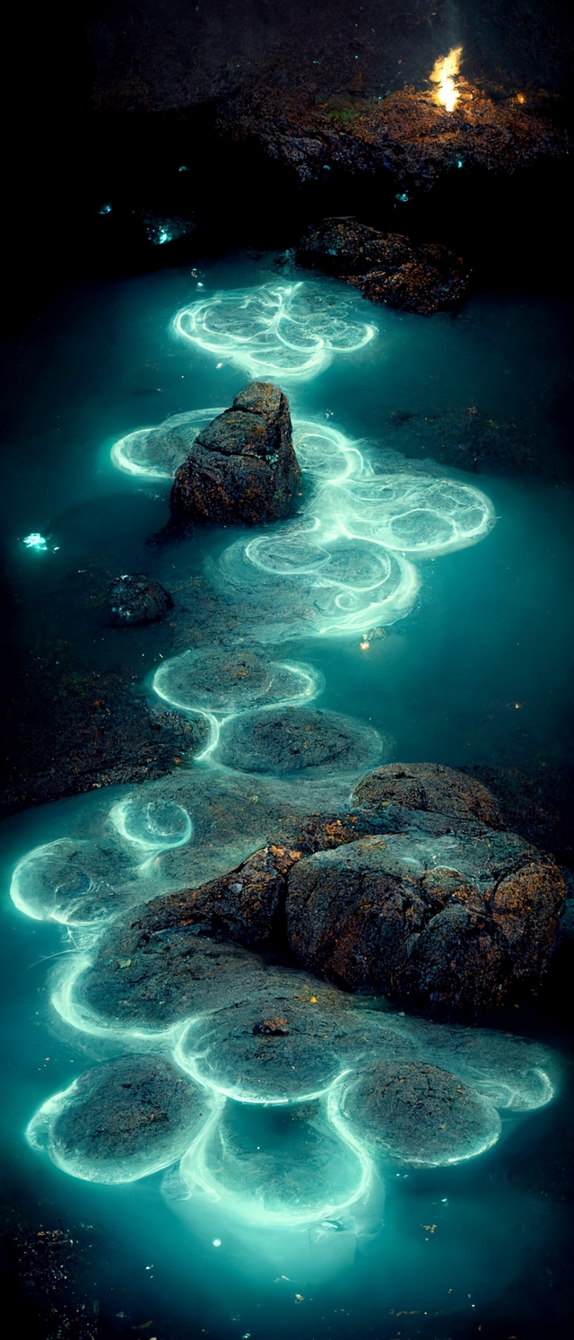 bioluminescent ethereal water elementals nesting in a rock pool