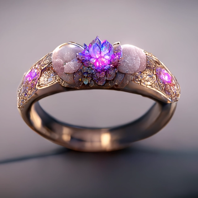 a jewelry design,sakura-themed ring, gemstones and diamonds,luxury, closeup, product view,trending on artstation, cgsociety,ultra quality,digital art, exquisite hyper details,4k,Soft illumination, dreamy,fashion, rendering by unreal engine