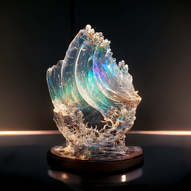 ocean wave shape crystal sculpture, isolate translucent, volumetric light, blooming effect, super details, ultra realistic, 8k octane render