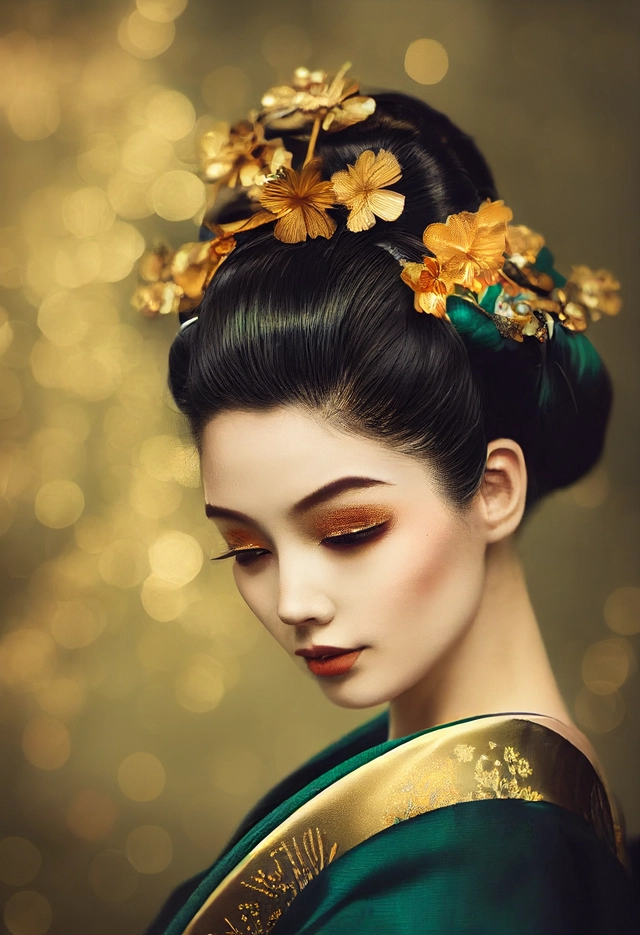 stunning geisha, dark green kimono, shining golden flowers in her hair, beautiful, magical, volumetric light, detailed, Rembrandt lighting bokeh