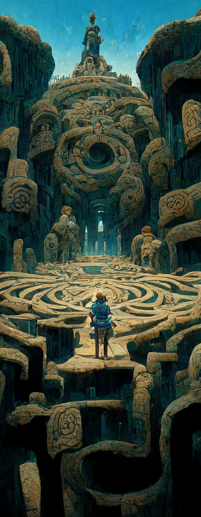 An enormous labyrinth, Beautiful architecture, Statues, Highly detailed carvings, Atmosphere, Dramatic lighting, Epic composition, Close up, Low angle, Wide angle, by Miyazaki, Nausicaa Ghibli, Breath of The Wild
