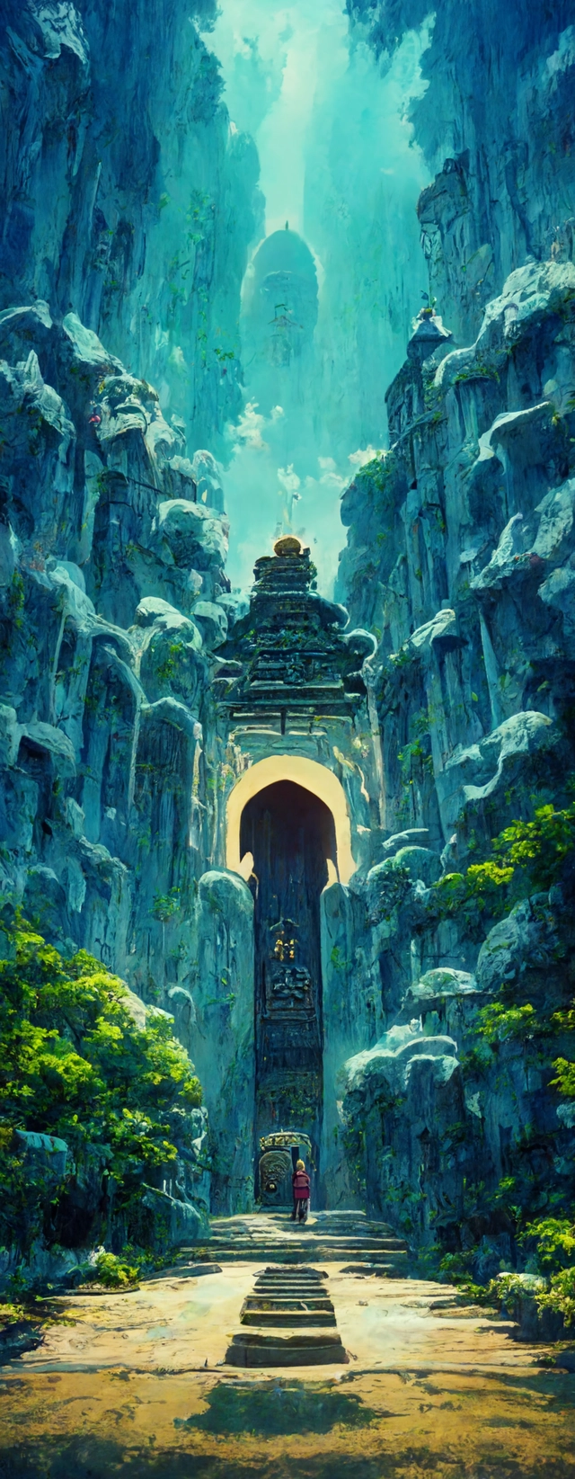 The Entrance to Kingdom of Shangri-La, Beautiful architecture, Atmosphere, Dramatic lighting, Epic composition, Close up, Low angle, Wide angle, by Miyazaki, Nausicaa Ghibli, Breath of The Wild