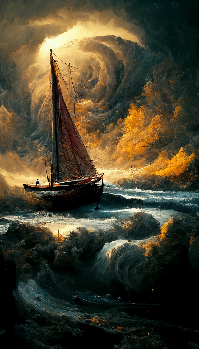 A real photographic landscape painting with incomparable reality,Super wide,Ominous sky,Sailing boat,Wooden boat,Lotus,Huge waves,Starry night,Harry potter,Volumetric lighting,Clearing,Realistic,James gurney,artstation