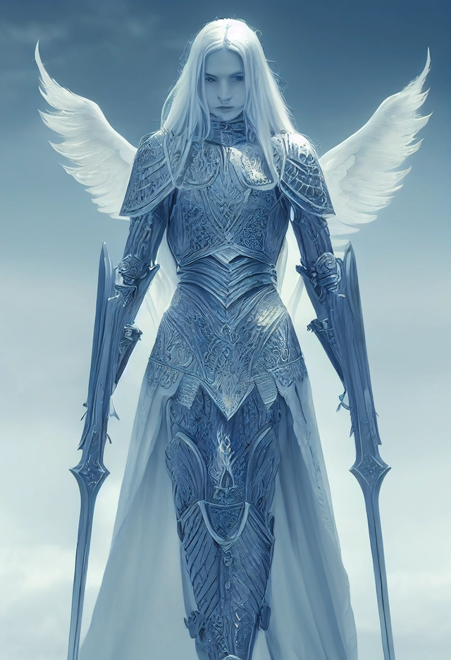 ethereal female warrior archangel, hauntingly beautiful, long blonde hair, pale skin, blue eyes, symmetrical features, thin features, narrow features, angelic features, armored wings, elegant features, bronze plate armor with silver pauldrons, fantasy, d&d, dynamic pose, full body, realistic, fine details, photorealism, cinematic, 8k, hyperdetailed, ultra detailed