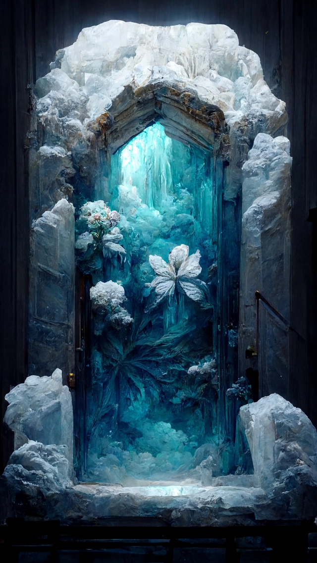 ethereal winter flowers, carved ice door at the end of ice steps, magical atmosphere, Renato muccillo, Andreas Rocha, Johanna Rupprecht, Beardsley, Unreal render, cinematic blue