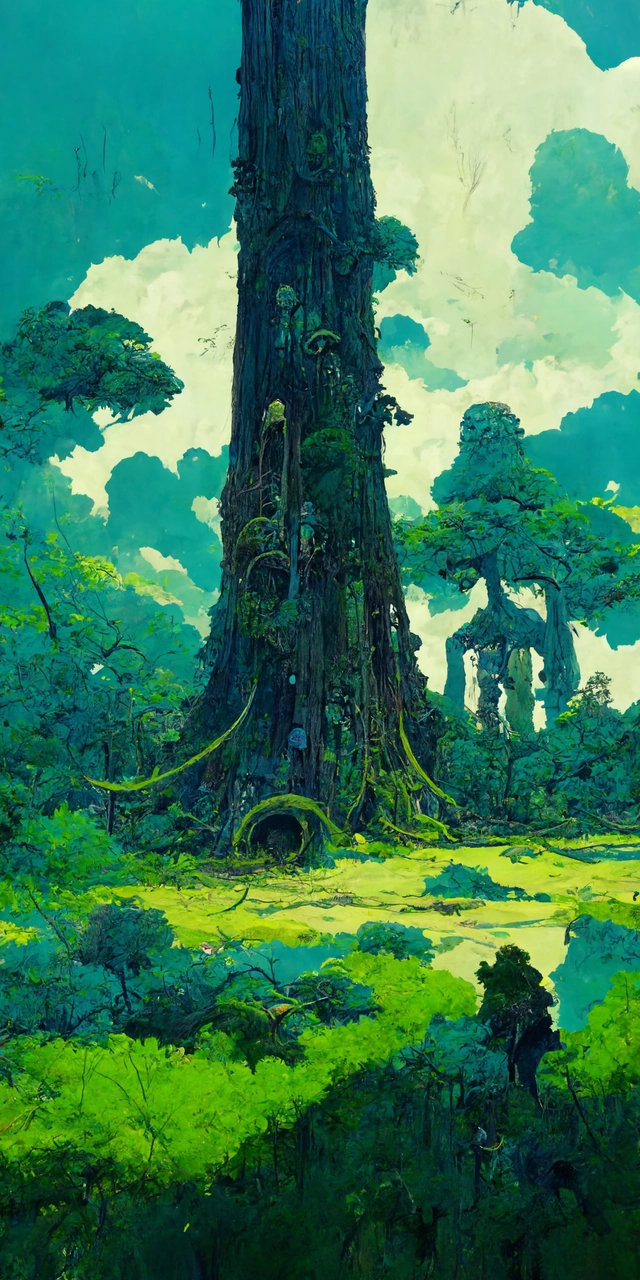 exotic toxic forest, large tall trunks trees, hanging vines, moss by Miyazaki, Nausicaa Ghibli, Breath of The Wild