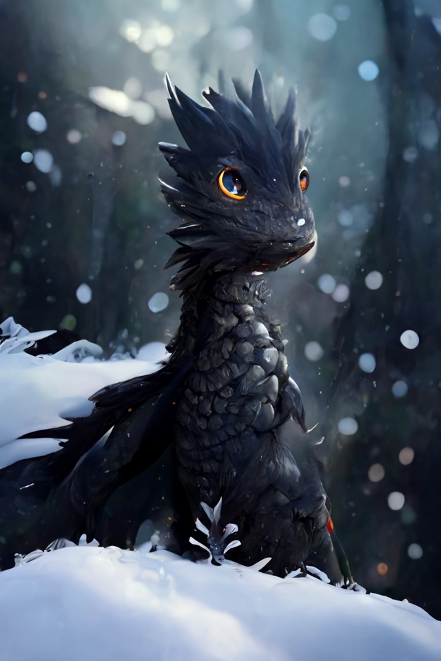 handsome cute black dragon in snowy forest, dnd character, background focus, fantasy, magic, realistic textured skin, hawk feather, hawk wings, lizard legs, lizard pose, big eyes, clear clean, by lya kushinov, Avetetsuya Studios, Alexandra Fomina artstation, by Makoto Shinkai, digital 2D, matte painting