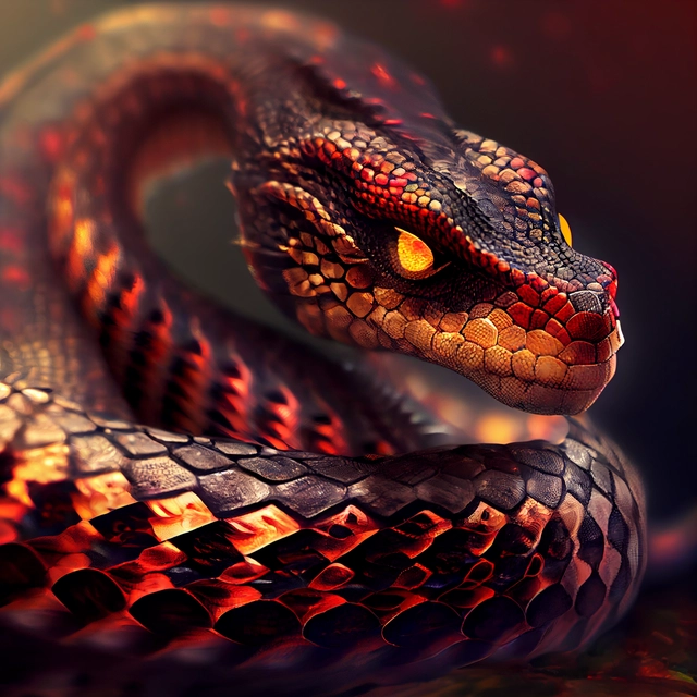 snake with dragon horns, no legs, black scales with red and gold patterning, colorful, beautiful eyes, beauty, dynamic full body pose, Cinematic Lighting, Volumetric Lighting, photography, F/2.8, photo-realistic, maximum detail, ultra-realistic, centered, Rembrandt lighting