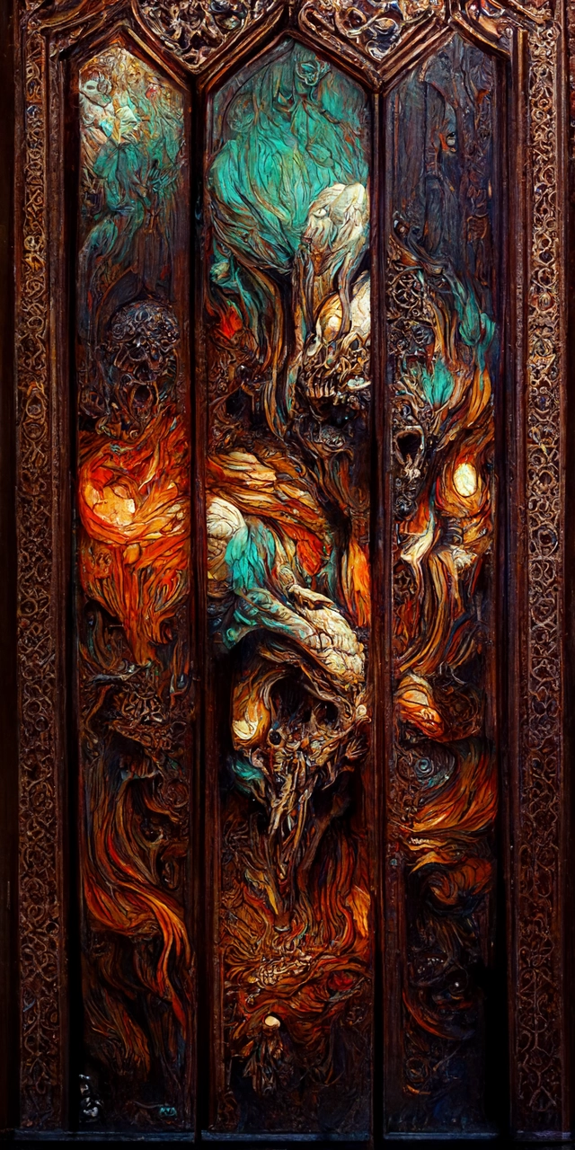 intricate colourfully painted carved wood paneling, dark souls, ivory and copper , artstation