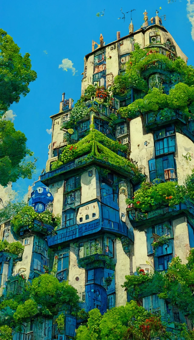 A Huge Blue Tiled Apartment Building of Howl's Moving Castle Ghibli, by Vincent Di Fate Nausicaa, Ghibli, Breath of The Wild, epic composition, green plants,