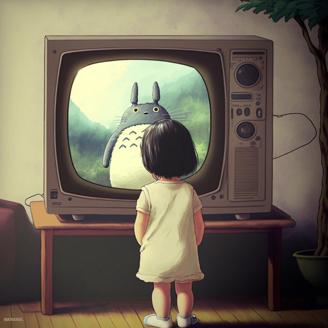 nostalgic picture of child watching Totoro on a CRT television in 1980s Japan