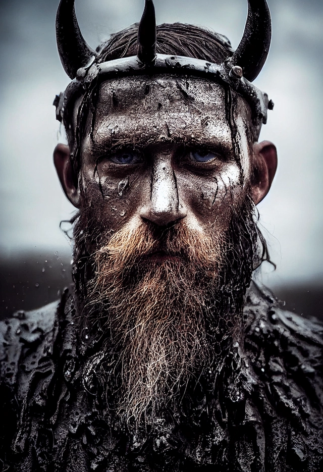 Close-up of Viking King emerging from wet black mud