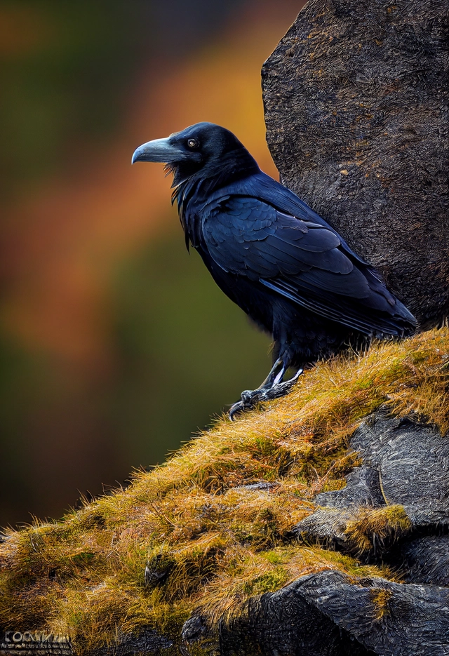 photo of a raven in a norwegian mountainous autumn landscape, Corvus corax, grey and black eyes, intricate details, photo by Joel Sartore, hyper realistic,unreal engine, octane render, National Geographic,