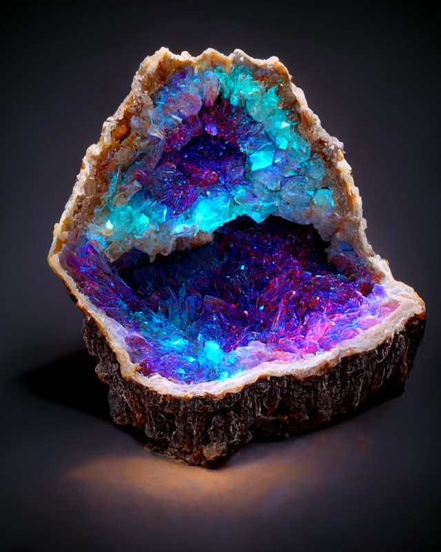 neon glowing sulphuric 3d realistic crystals in a cracked geode 16k