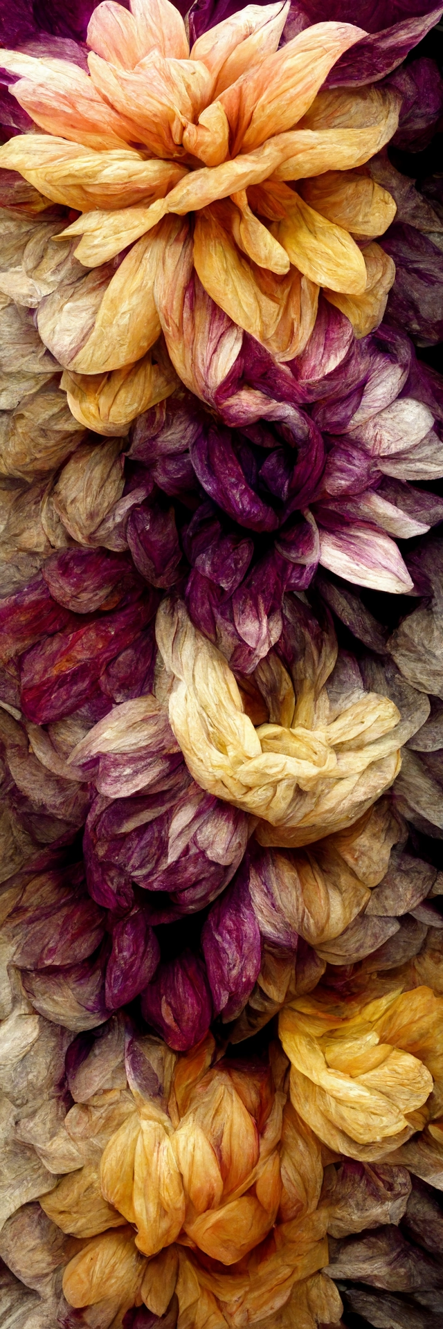 chains of Dahlia flowers, various gradient colors, paper crumpled texture,