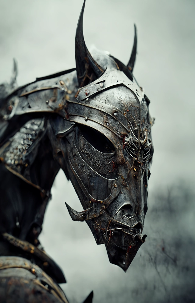 terrifying image of Eredin, the wild hunt, armoured, on an armoured undead horse, blackened steel, finely detailed armour, metal, steel, black, cinematic lighting, 4K, 8k, unreal engine, octane render,