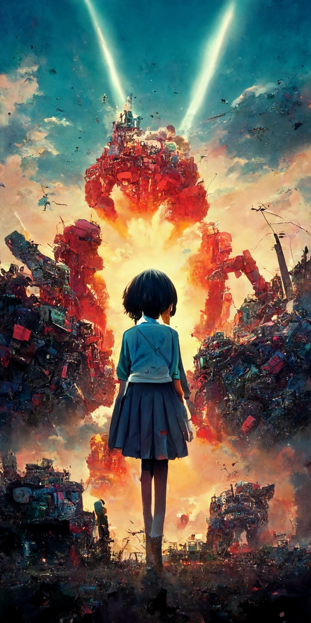 incredibly powerful Anime Girl, created by Hideaki Anno + Katsuhiro Otomo +Rumiko Takahashi, Movie poster style, box office hit, a masterpiece of storytelling, main character center focus, monsters + mech creatures locked in combat, nuclear explosions paint sky, highly detailed 8k