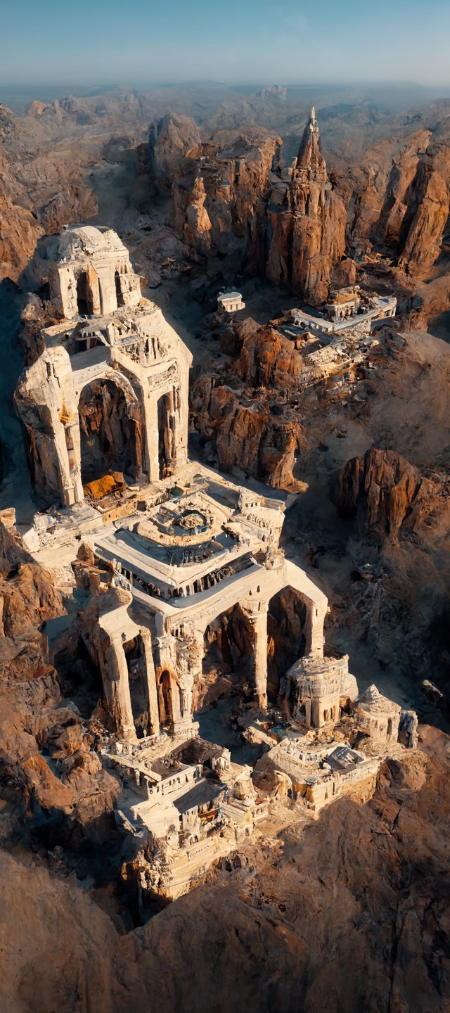 aerial view, ruined temple complex of marble, built in red rock canyon, arabic and gothic and star wars architecture, natural volumetric lighting, realistic high detail 4k render