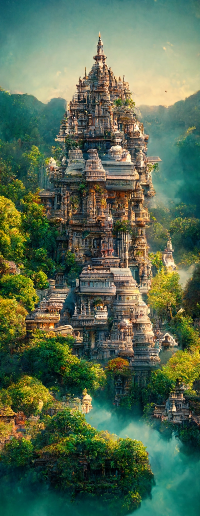 🛕 Colossal and beautiful hindu temple, Ornate architecture, carved in white marble, Cliffside, lush jungle, Atmosphere, Dramatic lighting, Epic composition, Close up, Low angle, Wide angle, by Miyazaki, Nausicaa Ghibli, Breath of The Wild