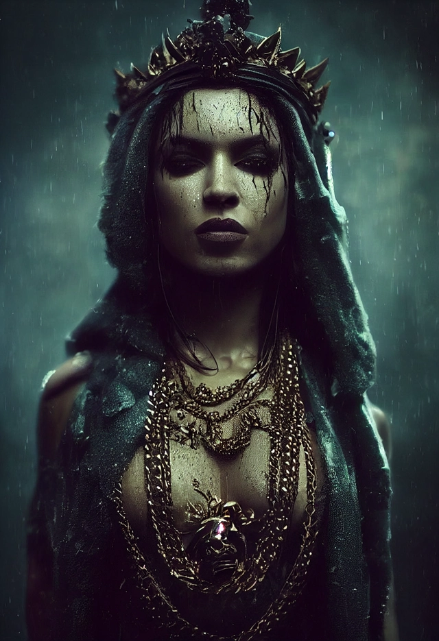 glamour shot of queen of the damned a femme fatale, morbide, dark, very detailed, rendered in octane, wet, dense atmospheric, epic, dramatic, empty, creepy, trail cam footage, photorealistic, hyperornate details, photographed by Irakli Nadar and Reylia Slaby