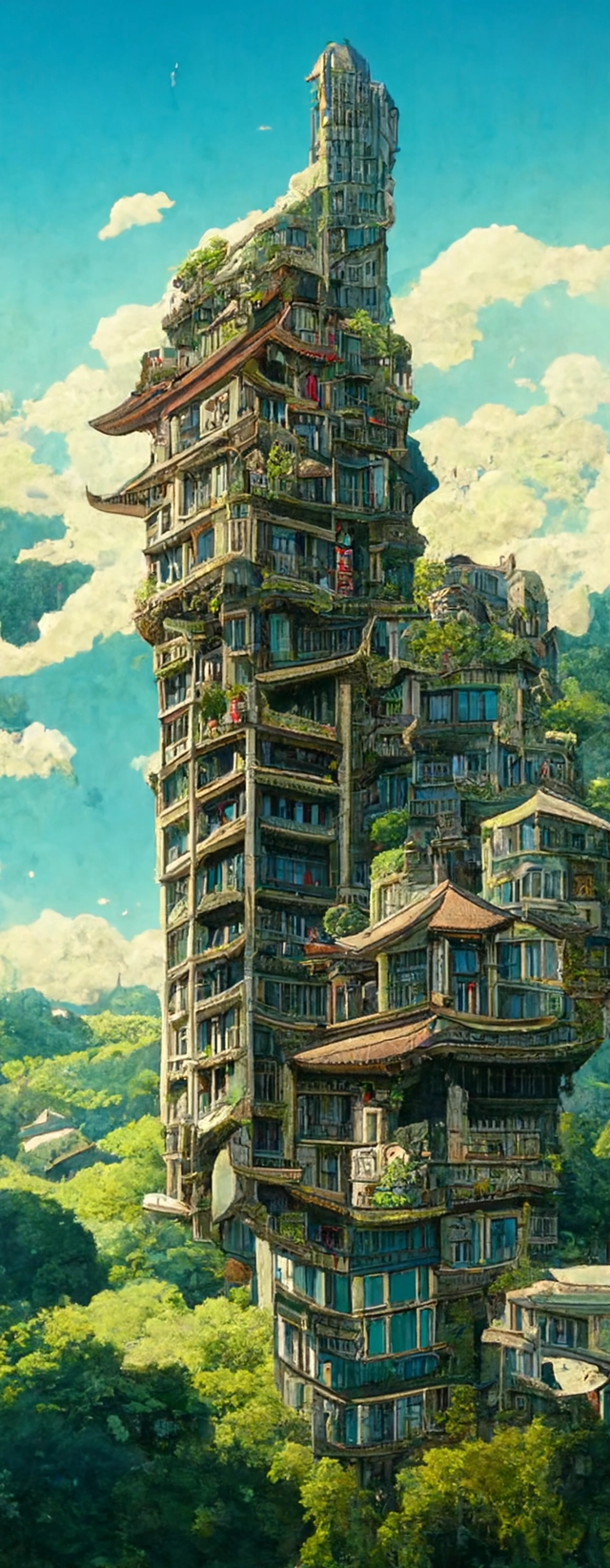 A Japanese style skyscraper apartment, Highly detailed, Epic composition, Close up, Wide angle, by Miyazaki, Nausicaa Ghibli, Breath of The Wild
