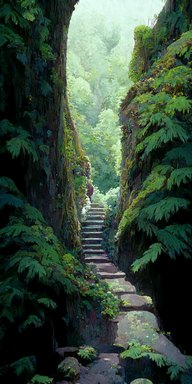 fern canyon gorge in oregon, stone stairway, overgrown lush plants, atmospheric, cinematic, by studio ghibli
