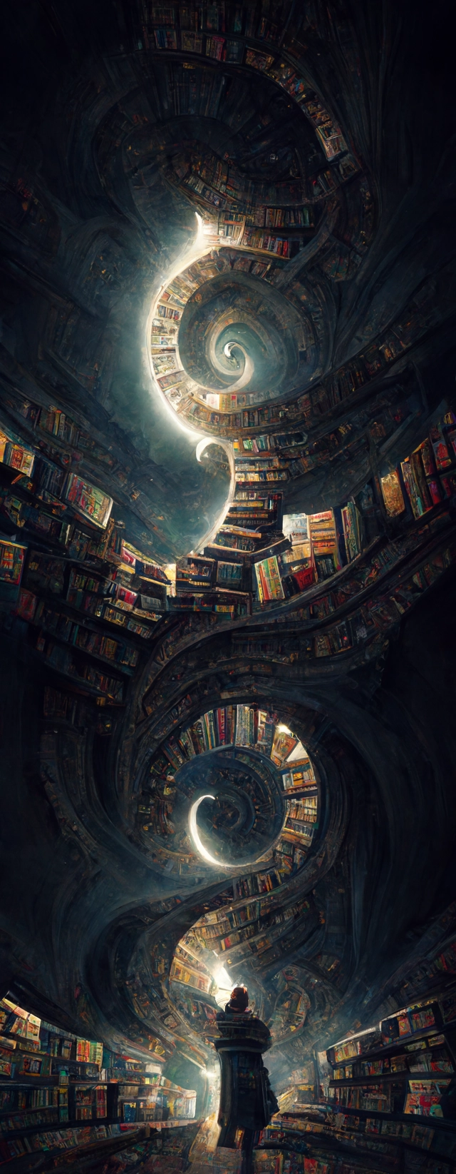 staring up infite climbing celestial library spiraling towards light, books, spirals, escher, dark souls, bloodborne fantastical, magical library, gradient, fantasy, trending artstation, fractals, ornate, matte painting
