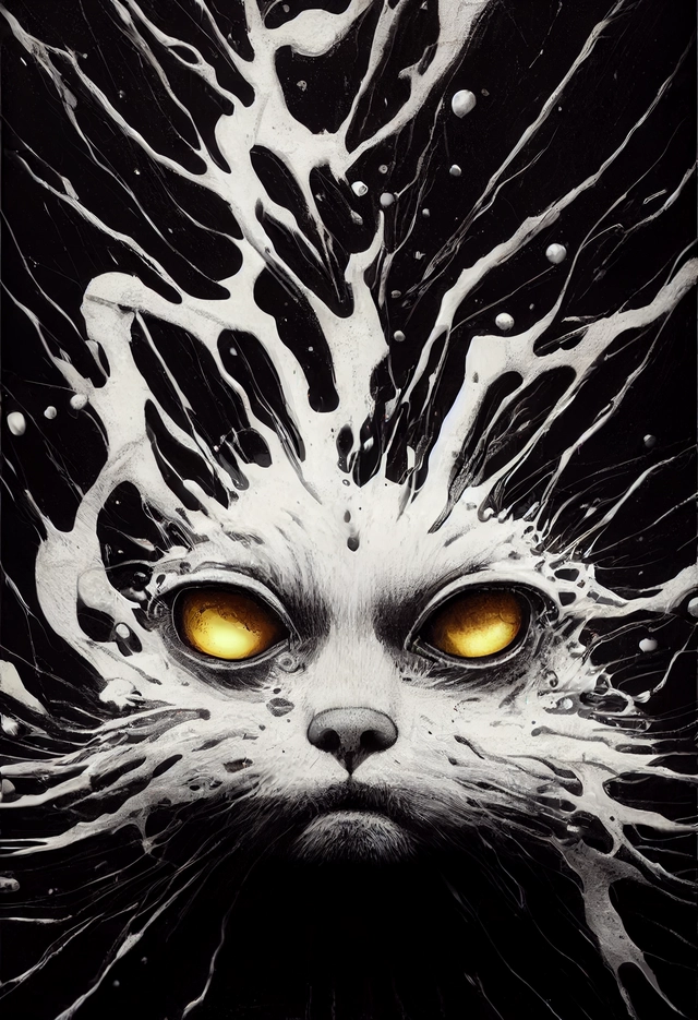 octrender, 8k, hyperreal, hr giger angry cat with Dripping gloss particle explosion, extremely detailed, sharp focus, full body shot, smooth, digital illustration, by james jean, by banksy and mcbess, high contrast, clean lines