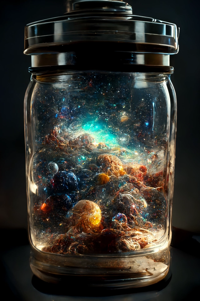 the entire universe contained inside a glass jar, super realistic, hyper detailed, dramatic lighting, 4k
