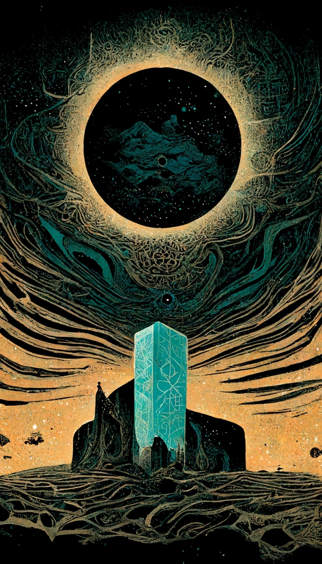 dark background with doom sky of dark energy, 2d retro woodblock sun radiating outwards in the sky above a strange rune etched monolith that has technological appendages sprawling out and connecting with layers of surreal geology, black fine lines on teal , stanley donwood, victo ngai