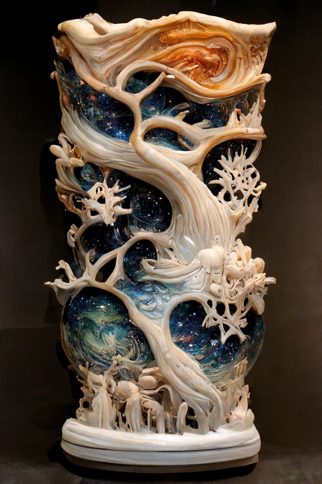 "The Midjourney Multiverse" highly detailed carving on "southern ice" porcelain, partially glazed, woodfired, art gallery