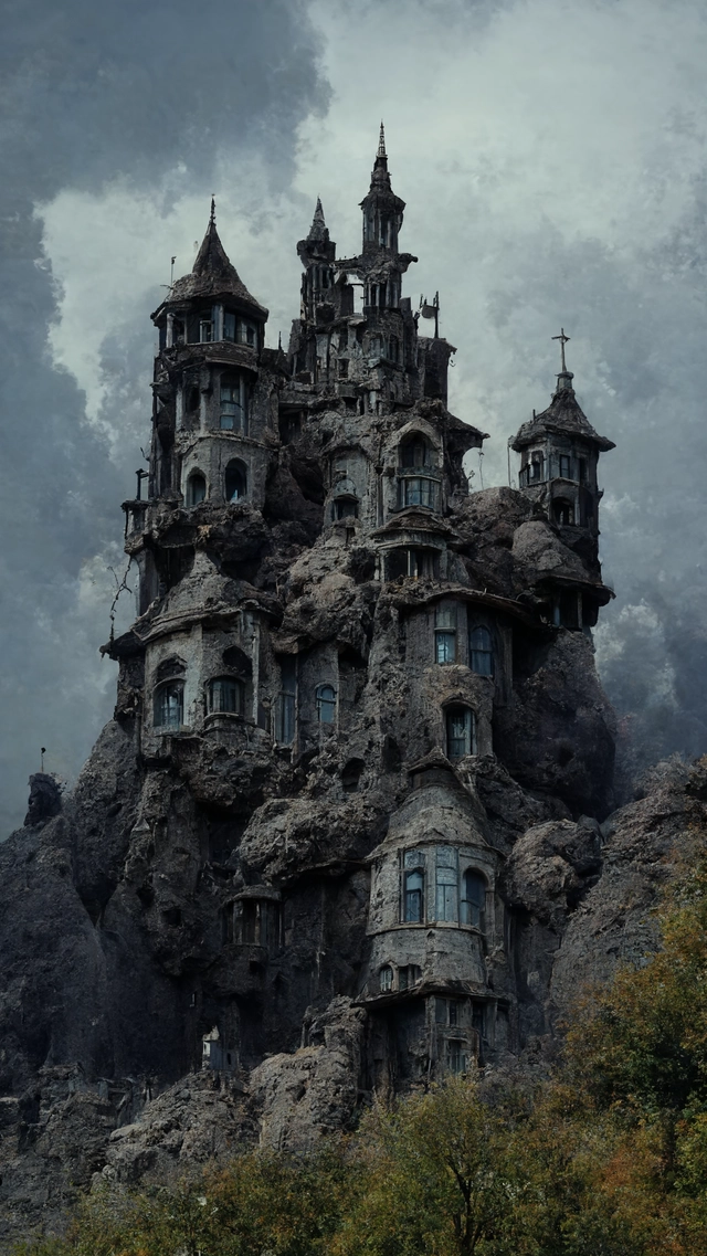 gothic castle curved in black rock, crows flying around, godrays. ultra detailed. 8k. unreal 5