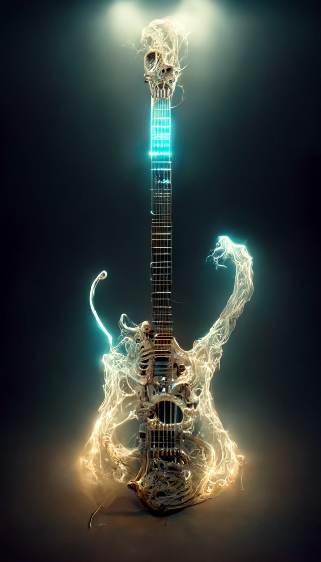 skeletal electric guitar, cosmic guitar strings, cinematic lighting, 3d prop art,