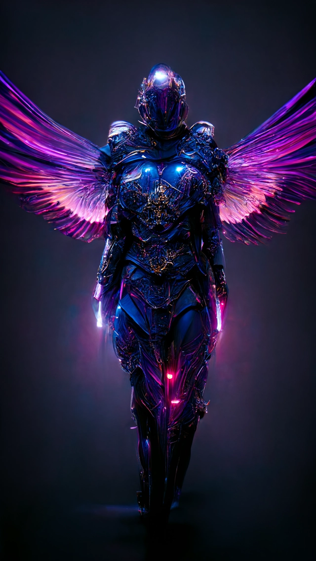 a photo of 8k ultra realistic archangel with 6 wings, full body, intricate purple and blue neon armor, ornate, cinematic lighting, trending on artstation, 4k, hyperrealistic, focused, high details, unreal engine 5, cinematic