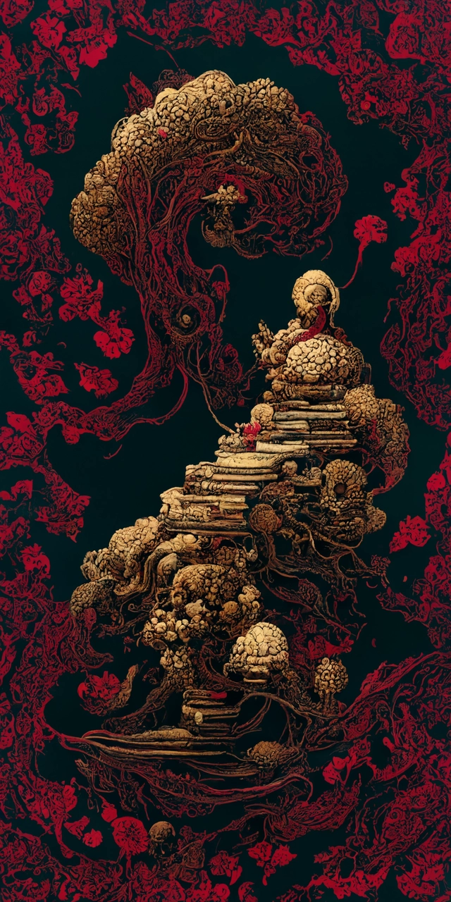 dark red paper with intricate designs,tarot card ,a mandelbulb fractal southeast asian buddha statue,full of golden layers, flowers, cloud, vines, mushrooms, swirles, curves, wave,by Hokusai and Mike Mignola, trending on artstation,elaborate dark red ink illustration
