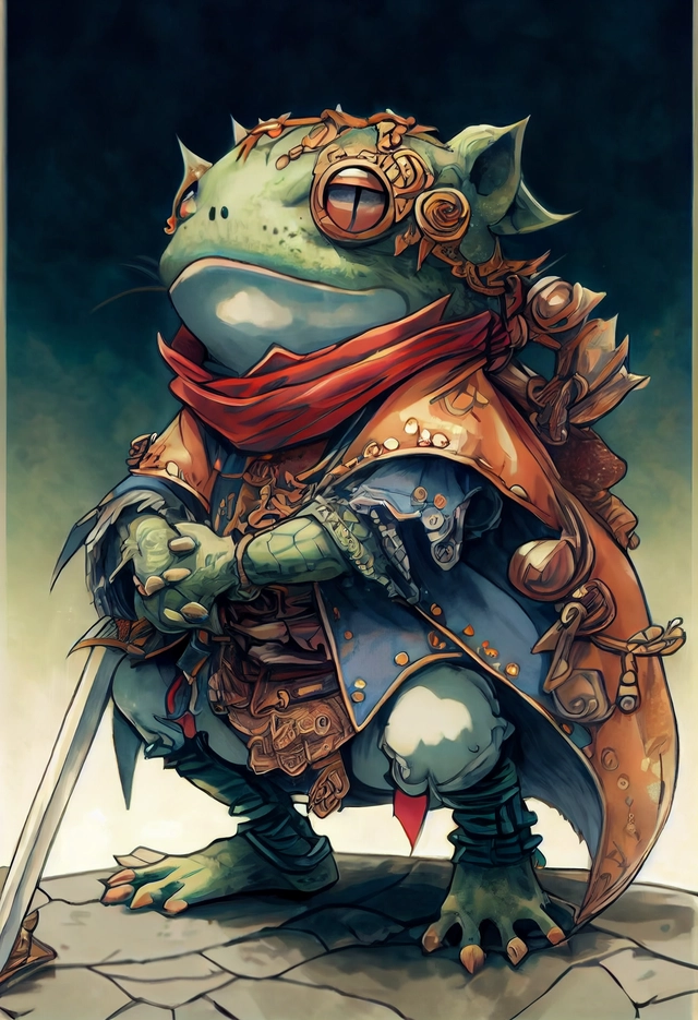 By akira toriyama,Arthur Rackham, Kamome Shirahama, fantasy cute anthropomorphic frog knight, kids manga , chrono trigger style, cute details, anime, cute fantasy , kawai, contrasting colors,pretty colors, dramatic lighting, portrait, intricate details, manga panel