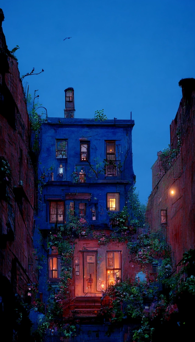between two 19th-century Brooklyn brownstone buildings, a surreal small twilight creek-garden, rose-brambles, candle-birds, tiny mystery-magic, serene overcast atmosphere, midnight-blue, blue-black, royal-blue, navy-blue, cel-shading, cinematic, edge-to-edge print, rendered by Studio Ghibli, Alyssa Monks, Andreas Rocha, David Kassan, Neil Blevins, Tuomas Korpi, ArtGerm
