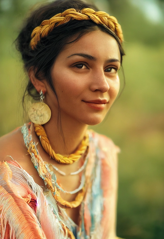 hyper realistic photograph, portrait of a beautiful happy southamerican woman, big silver earings, tied hair, summer
