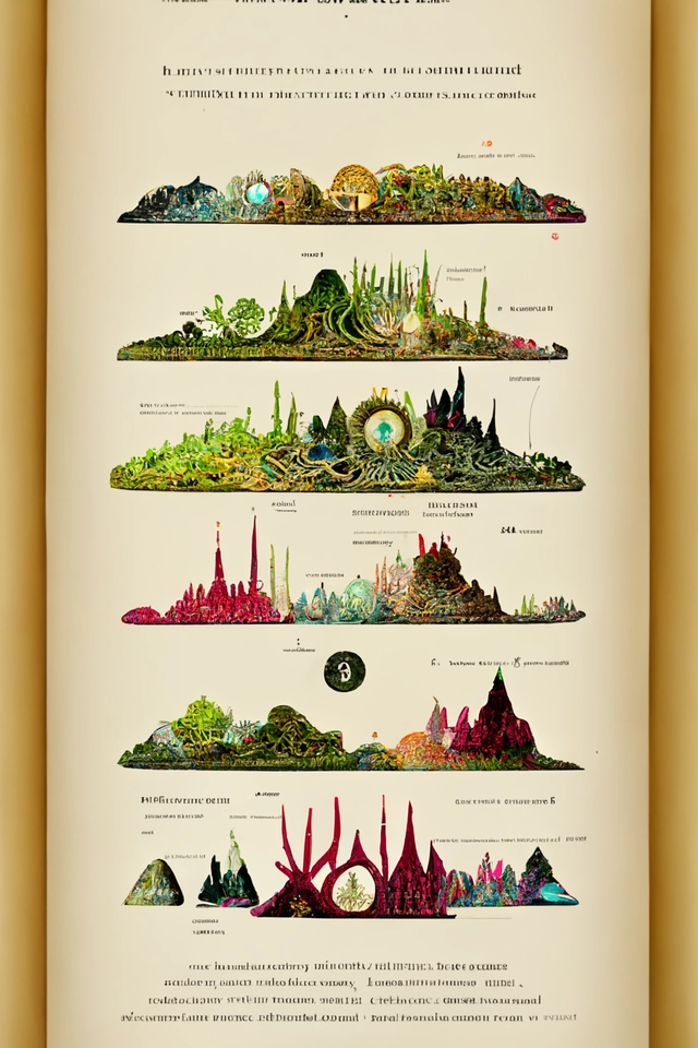bold ornate fantasy ecosystem infographics in the style of Herbert Bauer, Edward Tufte, David McCandless