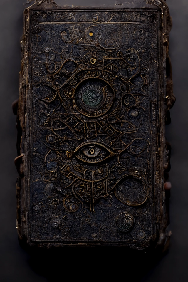 an ancient ornate intricate old tome spell book with the sigil symbol of an eye emblazoned on the cover, cinematic, realistic, intricate detail, finely detailed, small details, extra detail, photorealistic, high resolution, 3D, PBR, path tracing, volumetric lighting, octane render, arnold render, 8k