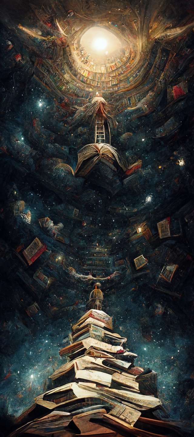 staring up into the infinite celestial library, endless books, flying books, starry, sublime, cinematic lighting, watercolor, mc escher, dark souls, bloodborne, matte painting