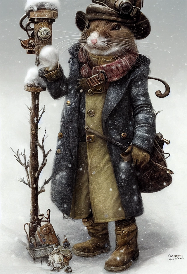 Mouse adventurer dressed in a warm overcoat with survival gear on a winters day with snow, steampunk, jean - baptiste monge , anthropomorphic