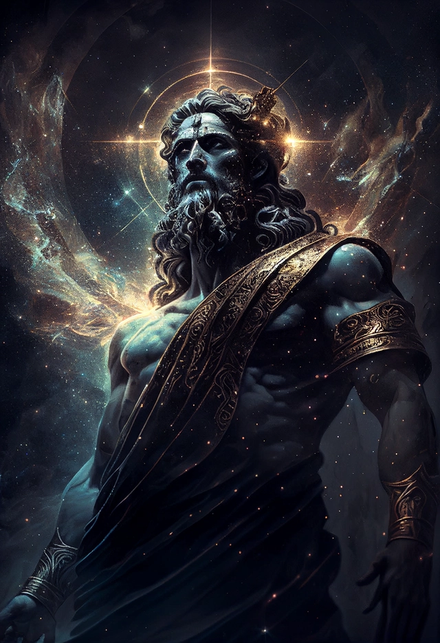 the primordial darkness embodying a greek god, erebus wearing ancient greek glothing, galaxy with solar system as background, [cinematic, soft studio lighting, backlighting, dark background]