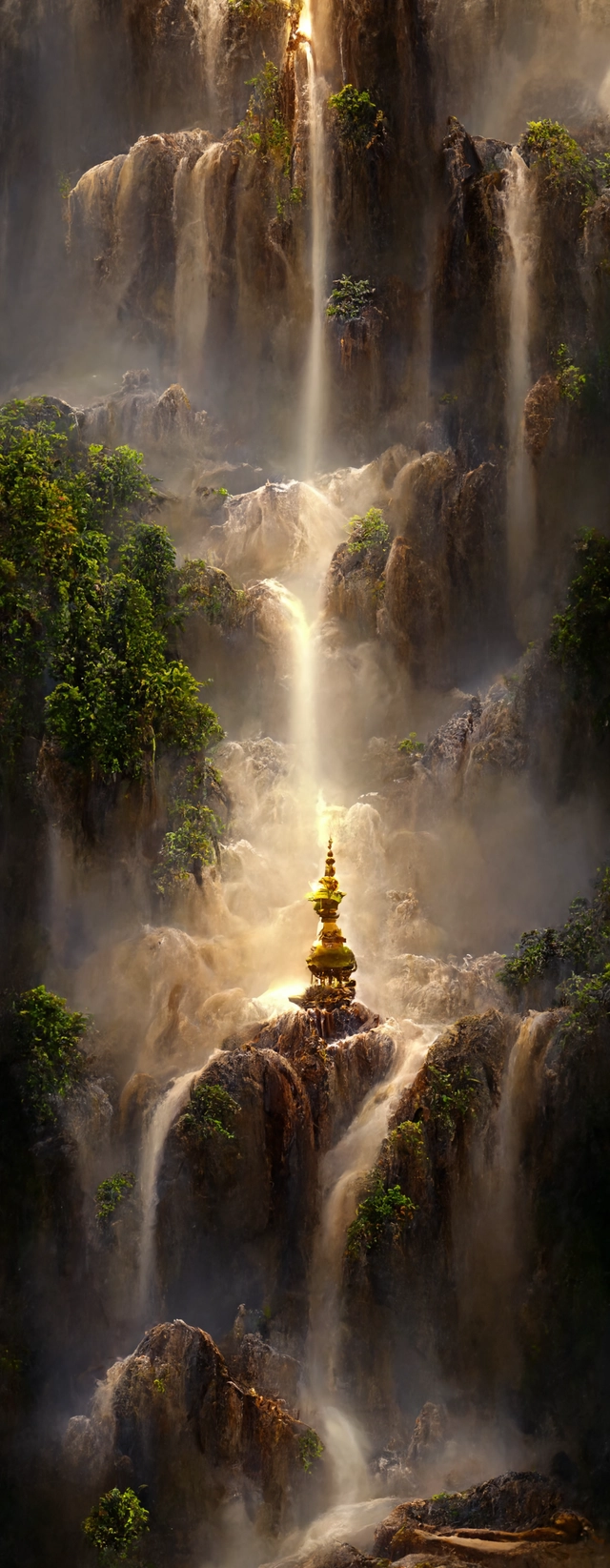 very very very tall mystical Burmese waterfall, hyperreal, hyper realistic, realistic, Burmese art, Burmese, Myanmar, yama zatdaw, Ramayana, octane render, high definition, 8k, 8k render, Burmese river, Burmese forest, Burmese waterfall, realistic lighting, volumetric lighting