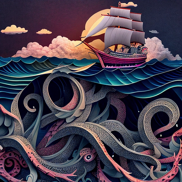 cinematic, paper cut art, paper illustration, boat on the ocean, kraken beneath, colorful, very detailed, 8k