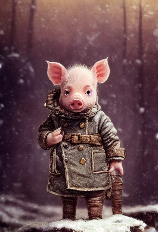 Tiny cute and adorable piglet adventurer dressed in a warm overcoat with survival gear on a winters day, jean - baptiste monge , anthropomorphic