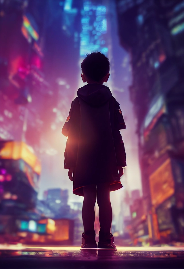 full body portrait of a small child, cyberpunk, in the background a gigantic gundam in a blurred city scene, artstation, 8k, octane render, unreal engine, very detailed, concept art, realistic, masterpiece, sharp, rule of thirds ,
